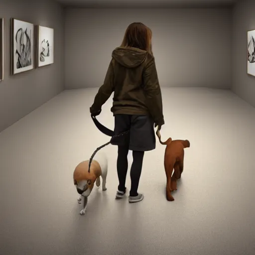 Image similar to Full lenght view contemporary art photography of ultra mega super hyper realistic highly detailed girl walking with a highly realistic dog . Photo on Leica Q2 Camera, Rendered in VRAY and DaVinci Resolve and MAXWELL and LUMION 3D, Volumetric natural light