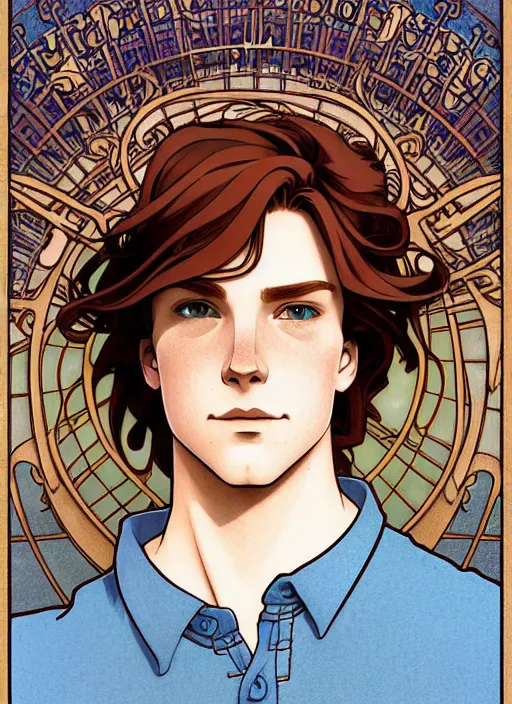 Image similar to well - lit art nouveau portrait of a young man with straight auburn hair, pale skin, freckles, light blue eyes, sad expression, casual clothes, natural lighting, path traced, highly detailed, high quality, cartoon, digital painting, by don bluth and ross tran and studio ghibli and alphonse mucha