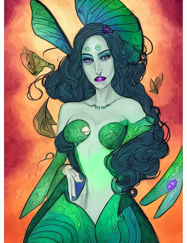 Prompt: luna moth sorceress. this heavily stylized digital painting by the award - winning comic artist has interesting color contrasts, plenty of details and impeccable lighting.