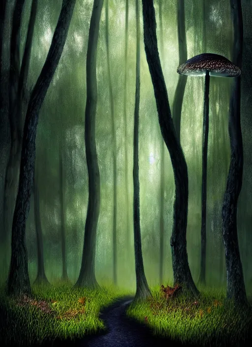 Prompt: nature photograph of a dark forest with iridescent mushrooms in the distance in the style of stefan kostic, realistic, half body shot, sharp focus, 8 k high definition, insanely detailed, intricate, elegant, art by stanley lau and artgerm, luis royo, cloudy background