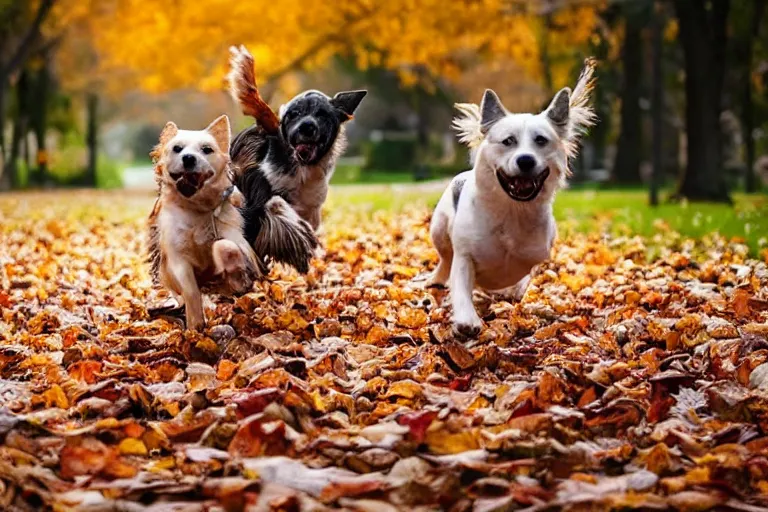 Prompt: dogs running towards the camera while breaking through a pile of autumn leaves