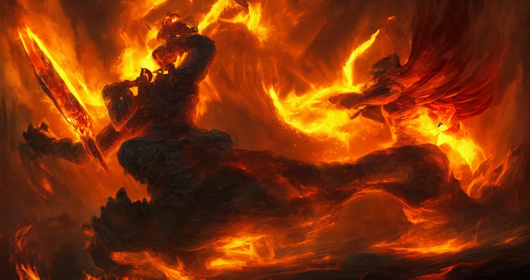 Image similar to balrog fighting link from the legend of zelda, lava, fire, flaming sword, intricate, detailed, volumetric lighting, scenery, hellscape, digital painting, highly detailed, artstation, sharp focus, illustration, concept art, ruan jia, steve mccurry