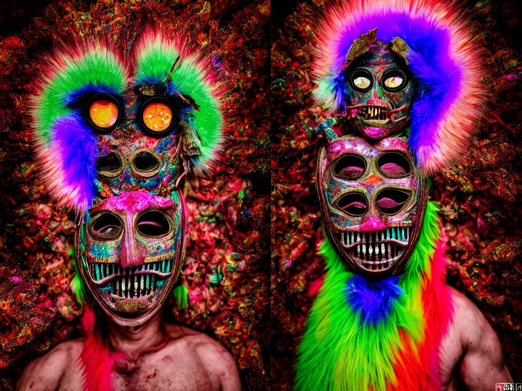 Prompt: a portrait of a beautiful colorful ( flesh - eating ) yamazaku wearing a terrifying mask and covered in rainbow fur, the ground is covered in maggots, seen from a fractal kaleidoscope, schizophrenic hallucination, fear, morbid, nightmare, supernatural, 8 k, hd photography, highly detailed, chiaroscuro, terrifying