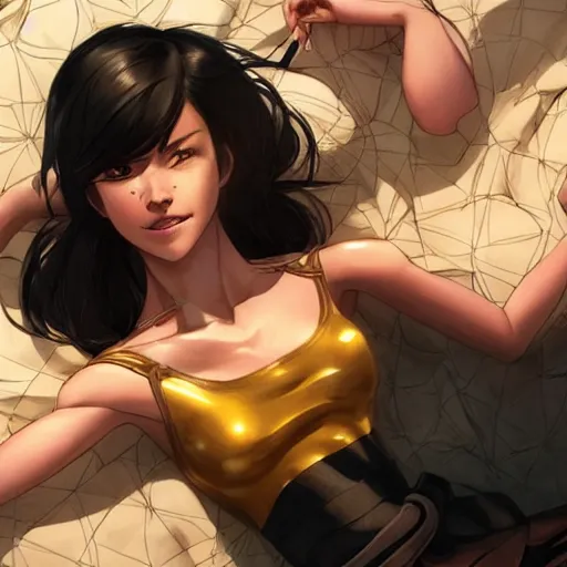 Prompt: cassandra cain wearing a halter top!!! laying in bed!!!, giggling, beautiful face!!!!, 2 7 years old, cg animation, lifelike, animated, realistic, by artgerm, greg rutkowski, 3 d