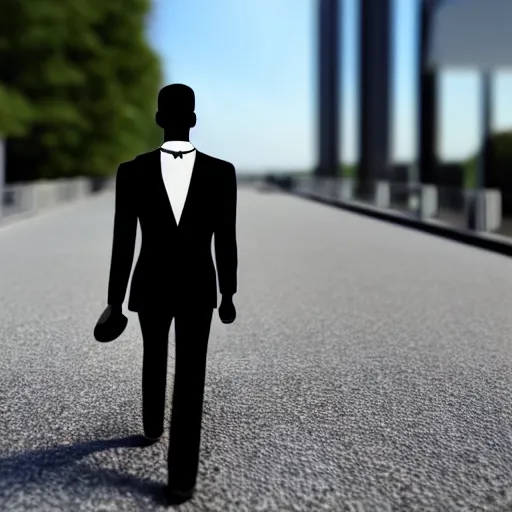 Prompt: A long tall man with white eyes, black skin, and a white suit and tie walking with a briefcase, Photorealistic, Bokeh, 3D, coherent