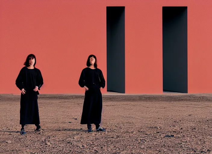 Prompt: cinestill 5 0 d closeup photographic portrait of two clones in front of a brutalist metal building, techwear women, on a desolate plain, red sky, black oversized clothes, depth of field, 4 k, 8 k, hd, full color