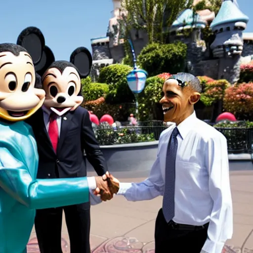 Image similar to obama shaking hands with smiling alien at disneyland