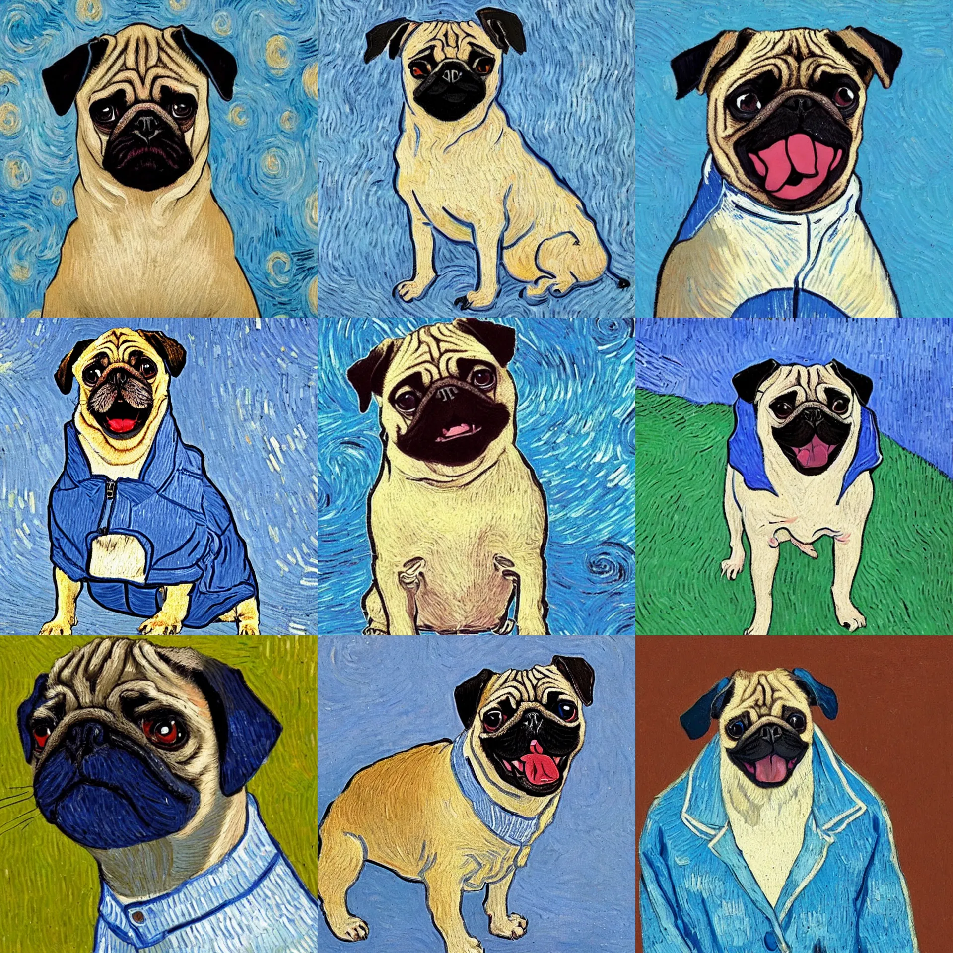 Prompt: a standing confused pug sticking his tongue out, wearing a blue jacket and white shirt as a Van Gogh painting