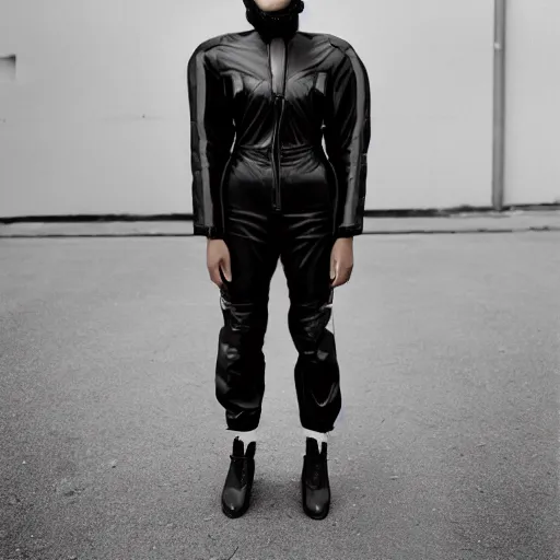 Image similar to realistic photoshooting for a new balenciaga lookbook, color film photography, portrait of a beautiful woman, woman is wearing a motorcycle suit, in style of Tyler Mitchell, 35mm,