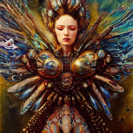 Image similar to UHD hyperrealistic photorealisitc, detailed cosmic robot with real angel wings, by Karol Bak, Ayami Kojima and Adrian Ghenie, tonalism, rich deep colors masterpiece