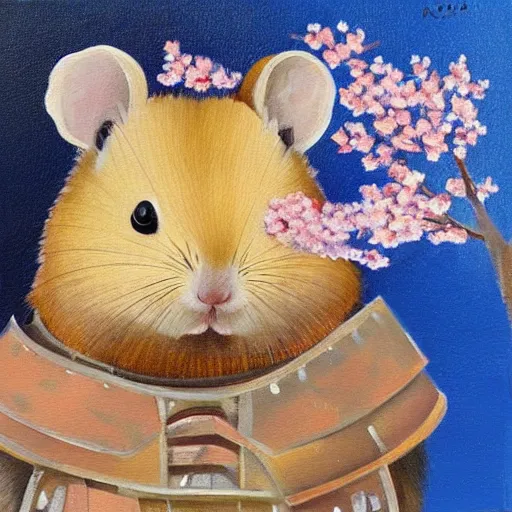 Prompt: “ a naturalistic painting, of a hamster in shogun armor, with sakura blossoms in the background, oil on canvas, a 4 canvas ”
