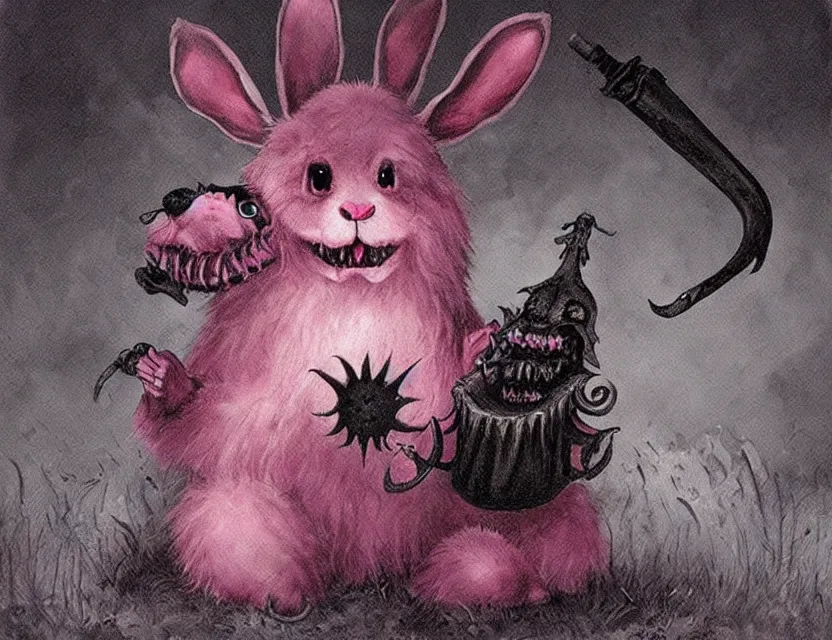 Prompt: old - school dark fantasy art, cute fluffy pink bunny with teeth of a lamprey