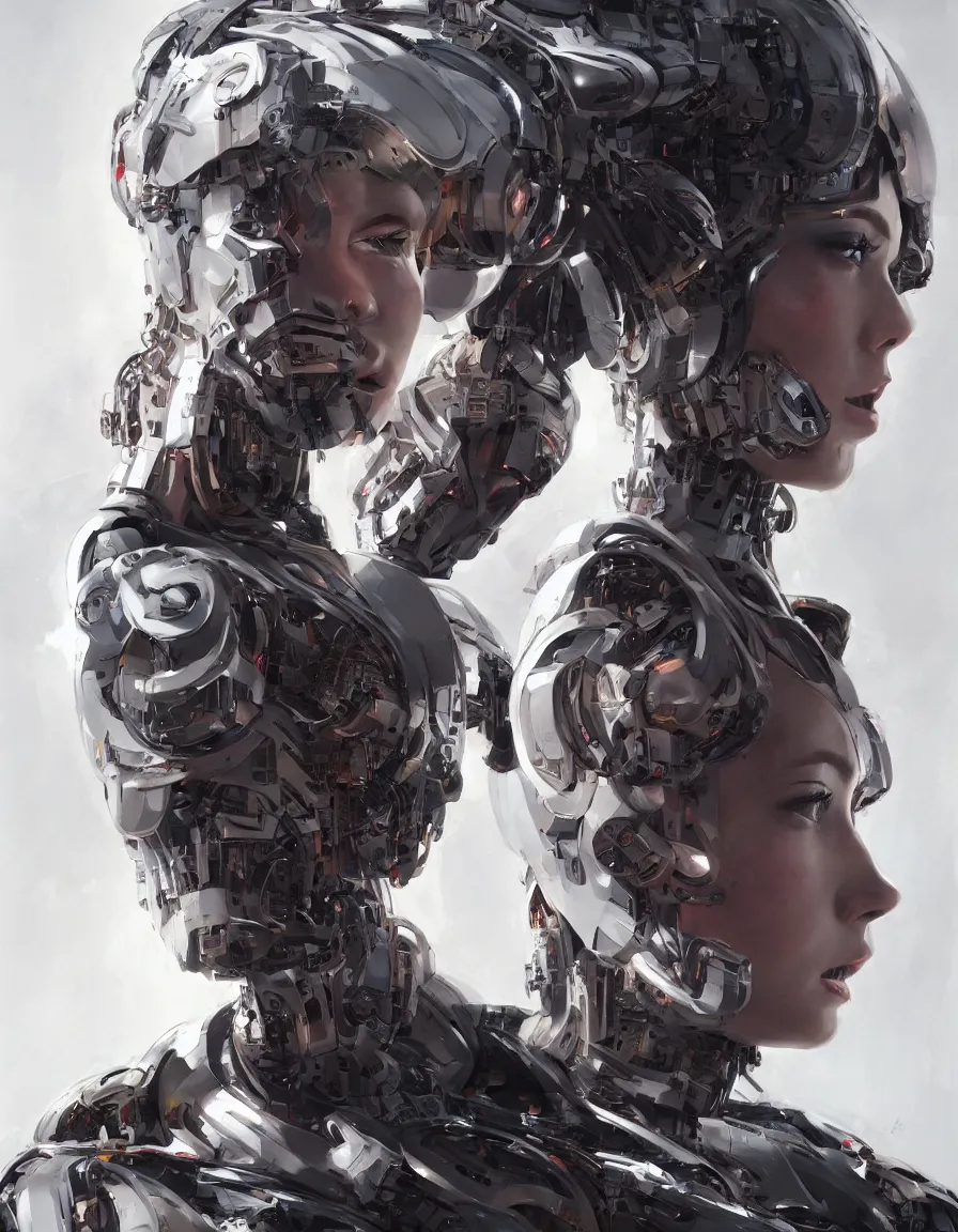 Image similar to portrait of a female cyborg. intricate abstract. intricate artwork, by tooth wu, wlop, bill sienkiewicz, syd mead. concept art, octane render, trending on artstation, greg rutkowski very coherent symmetrical artwork. cinematic, key art, hyper realism, high detail, octane render, 8 k, iridescent accents