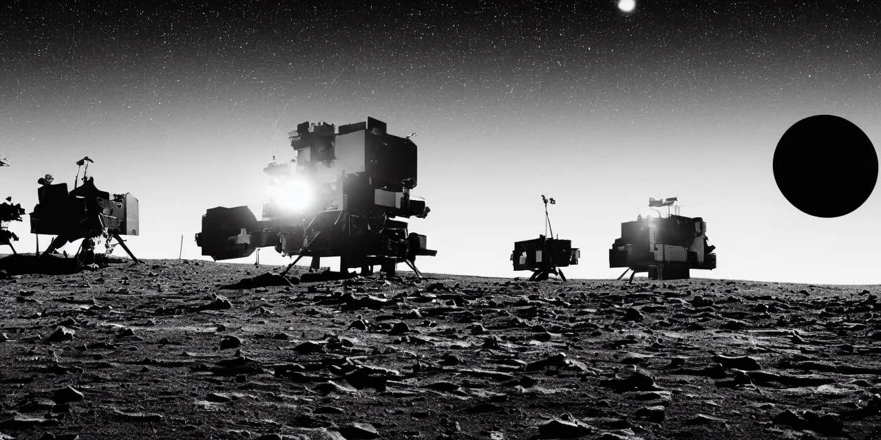 Image similar to closeup black and white photo from the surface of the moon, cinematic film still, glowing landing lights on spaceship, stars and space in the background,