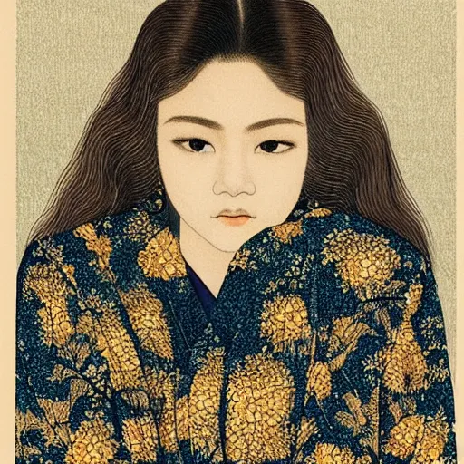 Prompt: “ zendaya portrait by ikenaga yasunari, drawing, realistic, sharp focus, japanese, dreamy, nostalgia, faded, golden hues, floral clothes, ”