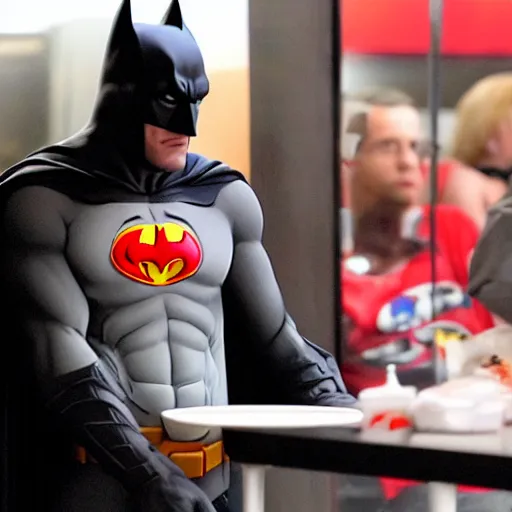 Prompt: A photo of Ben Affleck's Batman eating at KFC. Extremely detailed. 4K