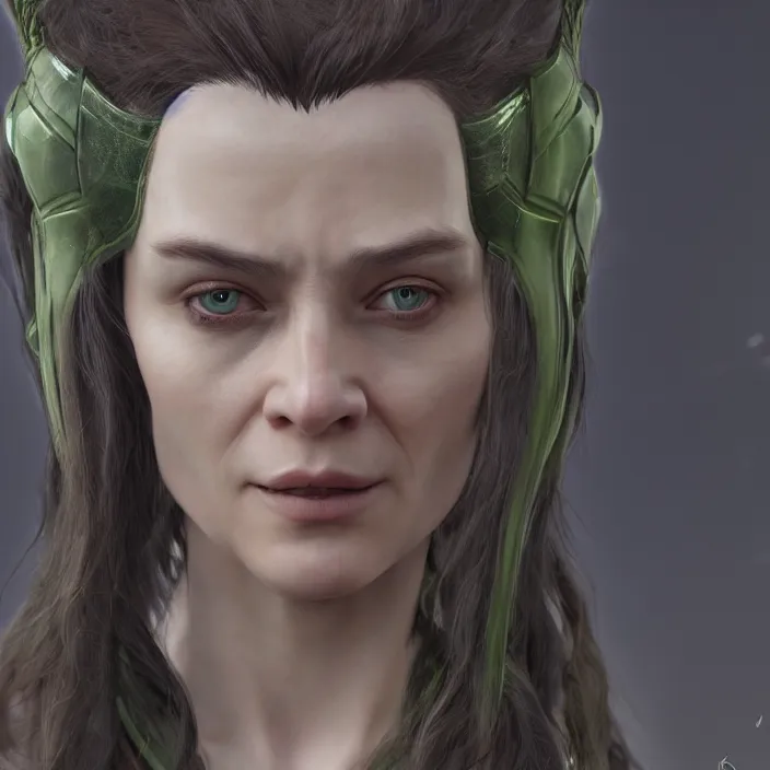 Image similar to female loki, au naturel, hyper detailed, digital art, trending in artstation, cinematic lighting, studio quality, smooth render, unreal engine 5 rendered, octane rendered