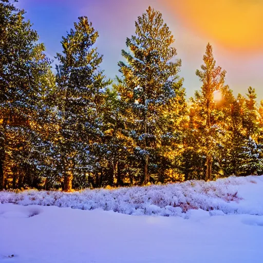 Image similar to snowflake in front of pinetree forrest, realistic, golden hour, hdr lights