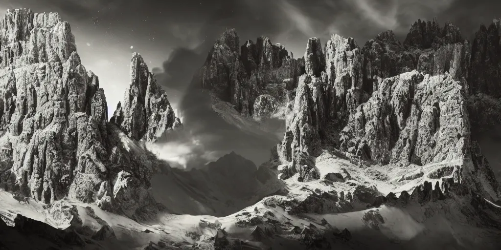 Image similar to photography of dolomites crumbling away, fracture, nightsky, stars like circles, alpine, detailed intricate insanely detailed octane render, 8k artistic 1920s photography, photorealistic, chiaroscuro, hd, by David Cronenberg, Raphael, Caravaggio