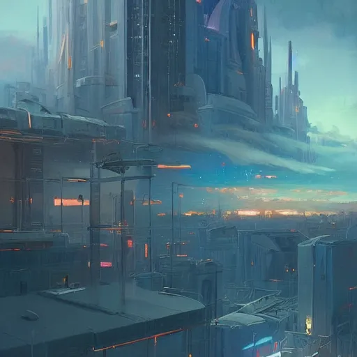 Prompt: scifi concept art of a futuristic city dowtown close - up by greg rutkowski, cumulonimbus clouds, sunset, nostalgic, very very very beautiful art, cinematic lighting, bright pastel color, blue sky