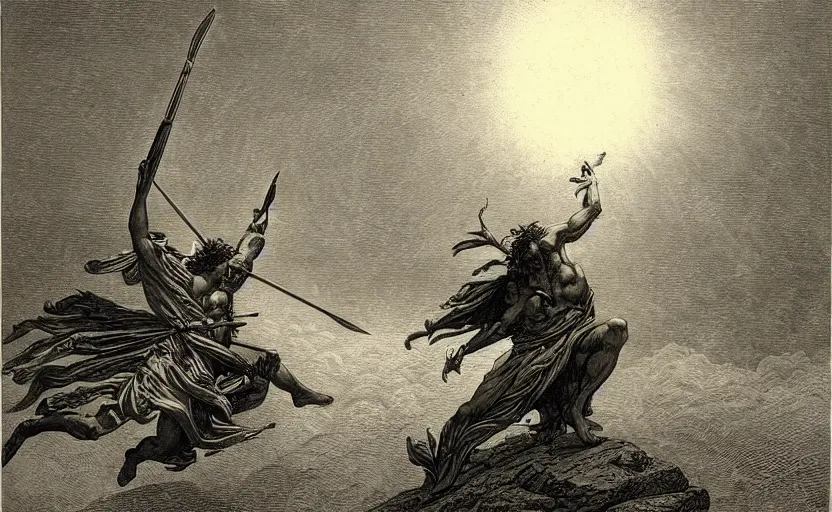 Image similar to the great greek warrior with a spear piercing the edge of the universe from the book of the long sun by gene wolfe, by gustave dore