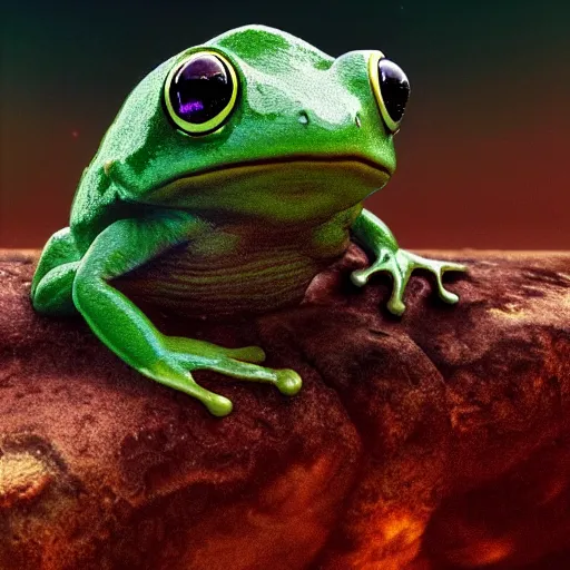 Image similar to soulful long shot of a cute baby frog astronaut, by esao andrews, by m. w. kaluta, ultra humorous illustration, small depth of field, perspective perception, volumetric light, psychedelic colors, 3 d octane render, 8 k, conceptart, hyperdetailed, hyperrealistic, trending on artstation