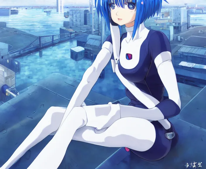 Image similar to anime art, fullbody shot of female rei ayanami, evangelion, long blue hair and large eyes, finely detailed perfect face, in a pale skintight plugsuit, sitting on rooftop, flooded city, trending on pixiv fanbox, by ilya kuvshinov, sola digital arts,, raytracing