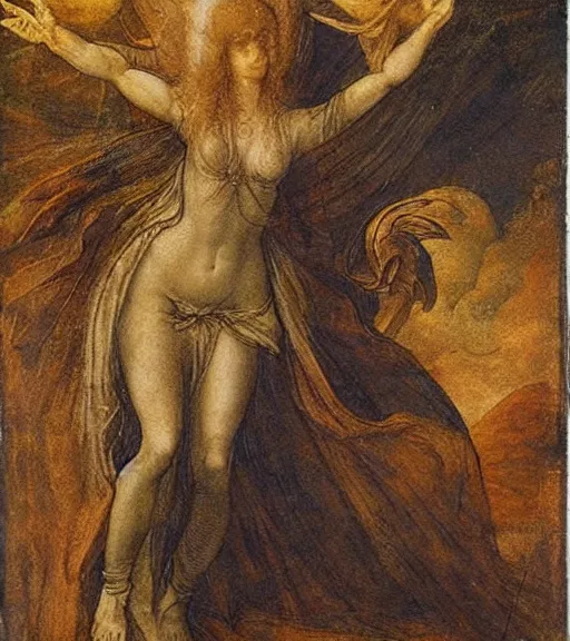 Image similar to godess of the night nyx in her primordial form in a shadwy position drawn in a painting style by leonardo da vinci, high quality, mystical