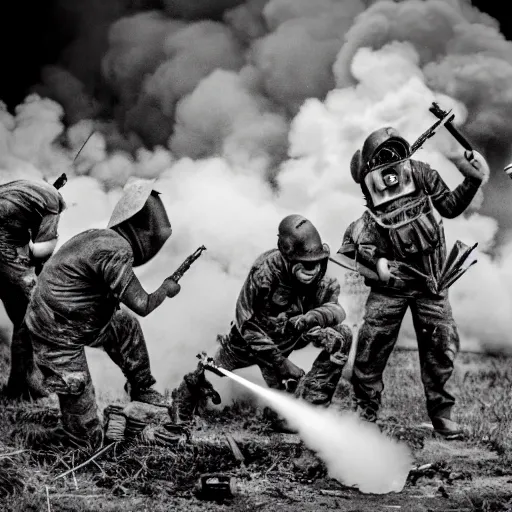 Image similar to minions firing a 8 5 mm mortar, debris and dirt flying, smoke, war photography