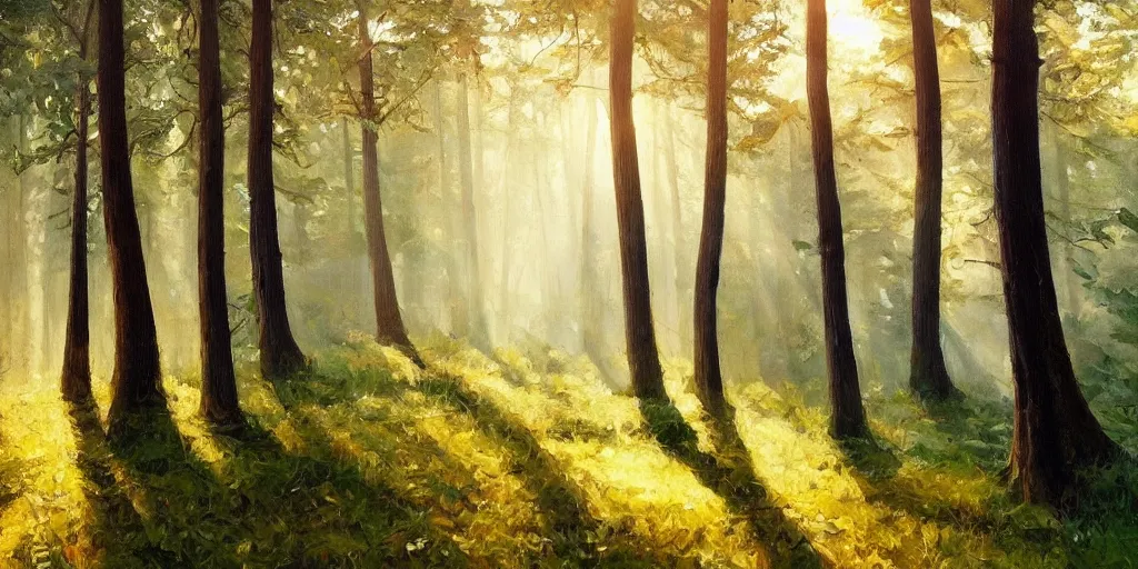 Prompt: An oil painting of an intensely beautiful forest in the morning with vertical trees; rays of light coming through the canopy; trending on artstation; extraordinary masterpiece!!!!!!