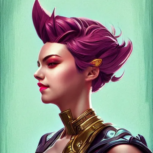 Image similar to head and shoulders portrait of VI from League of Legends, illustration, medium shot, intricate, elegant, highly detailed, digital art, ffffound, art by JC Leyendecker and sachin teng