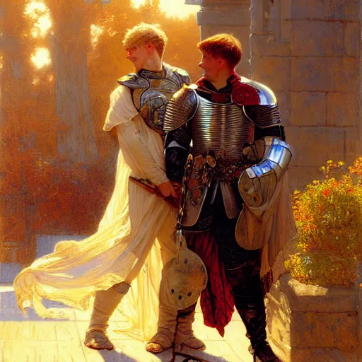 Image similar to attractive arthur pendragon and his attractive male knight, they are in love, natural lighting, path traced, highly detailed, high quality, digital painting, by gaston bussiere, craig mullins, alphonse mucha j. c. leyendecker