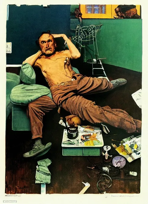 Image similar to dennis hopper crawling around on the floor of a dingy apartment, painted by norman rockwell and tom lovell and frank schoonover, green, dystopian