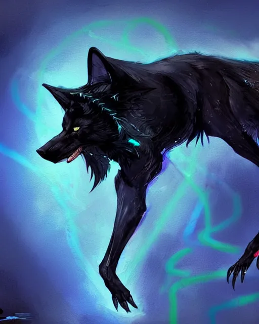 Image similar to concept art of a black wolf with blue neon wings, highly detailed painting by dustin nguyen, akihiko yoshida, greg tocchini, 4 k, trending on artstation, 8 k