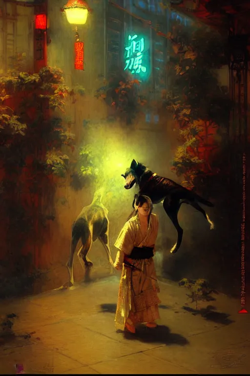 Image similar to dog, wuxia, neon light, painting by gaston bussiere, craig mullins, j. c. leyendecker