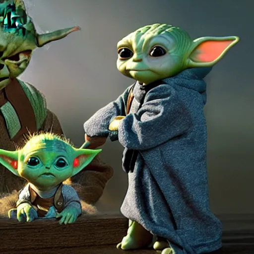 Image similar to baby yoda arguing with groot wearing star trek uniforms. high resolution.