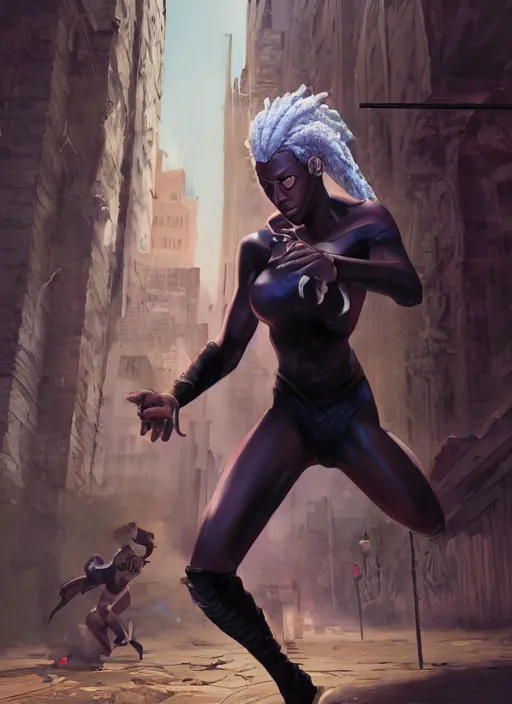 Prompt: An epic fantasy comic book style portrait painting of a young Ororo Munroe escaping capture on the streets of Cairo, Unreal 5, DAZ, hyperrealistic, RPG portrait, dynamic lighting