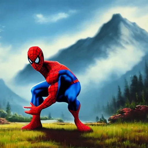 Image similar to a closeup photorealistic photograph of bob ross working on a canvas painting of spiderman. film still. brightly lit scene. mountains and trees. this 4 k hd image is trending on artstation, featured on behance, well - rendered, extra crisp, features intricate detail, epic composition and the style of unreal engine.