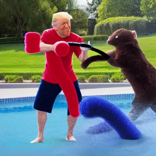 Image similar to donald trump fighting a furry using pool noodles, photo realistic