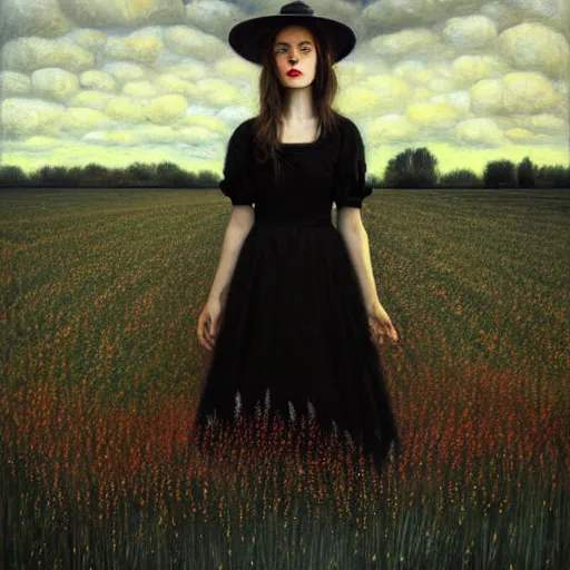 Image similar to a girl standing in a field, wearing black old dress and hat, by andrea kowch, andrea kowch style painting, dark, scene, magicrealism, flowers in background,