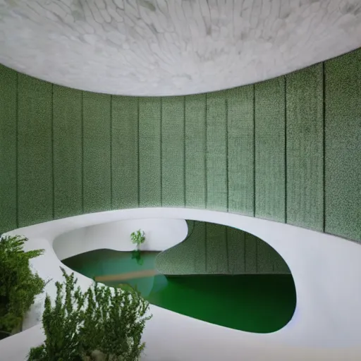 Prompt: a large room with surreal minimalist architecture partially flooded by slightly green water, liminal space, made of all white ceramic tiles, surreal, hallways, rounded ceiling, stairs,