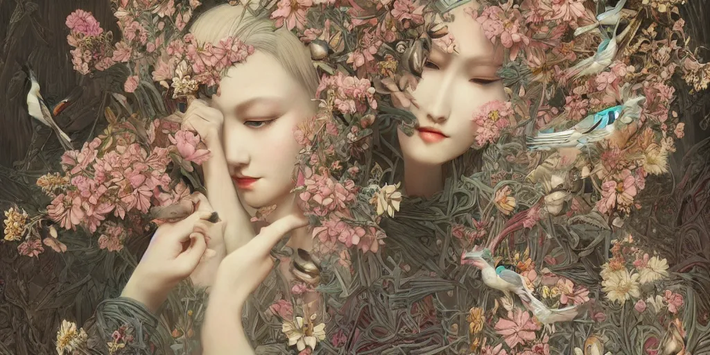 Prompt: breathtaking detailed concept art painting art deco pattern of blonde faces goddesses amalmation flowers with anxious piercing eyes and blend of flowers and birds, by hsiao - ron cheng and john james audubon, bizarre compositions, exquisite detail, extremely moody lighting, 8 k