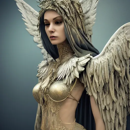 Prompt: tall female angel, wings, shrouded, veiled, ornate cyberpunk armor :: ornate cyberpunk interior, ruins, high arches, cyberpunk cathedral, Cathedral, 8K, trending on artstation, volumetric light, lightrays, smoke, cinematic, atmospheric, octane render, insanely detailed and intricate, hypermaximalist, elegant, ornate, luxury, elite, by James Jean, hyper realistic, super detailed, golden ratio