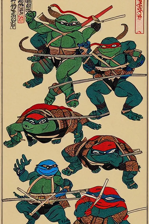 Image similar to Four Teenage Mutant Ninja Turtles, Japanese ukiyo-e ukiyo-ye woodblock print, by Moronobu