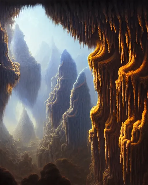 Image similar to a hyper - detailed 3 d render of the ancient hidden city of cloud caves, surrealism!!!!! surreal concept art, lifelike, photorealistic, digital painting, aesthetic, smooth, sharp focus, artstation hd, by greg rutkowski, bruce pennington, valentina remenar and asher duran,