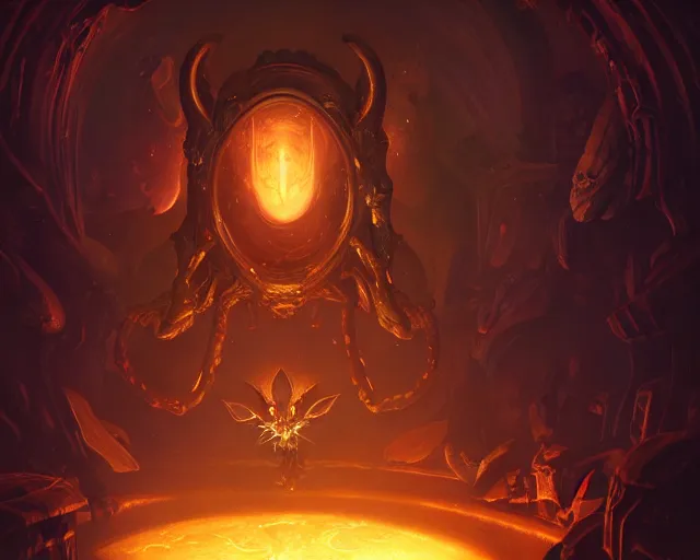 Prompt: a 4 k cinematic screenshot still portrait of a gremlin in a dark liminal space room surrounded by amber glow, deep focus, d & d, fantasy, intricate, elegant, highly detailed, digital painting, art station, concept art, matte, sharp focus, illustration, dark fantasy style art, hearthstone, art by artgerm and greg rutkowski and alphonse mucha