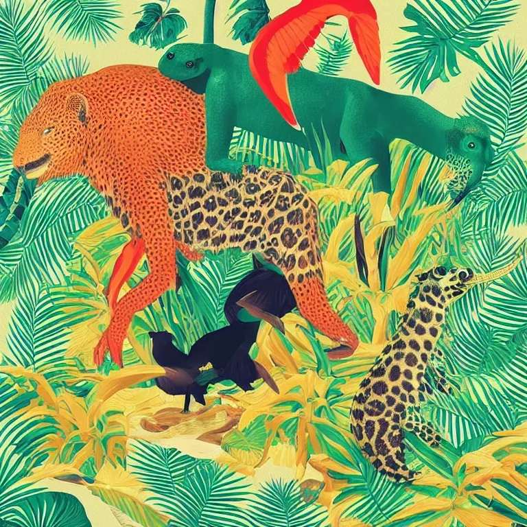 Prompt: beautiful album cover depicting tropical animals by Jonathan Zawada