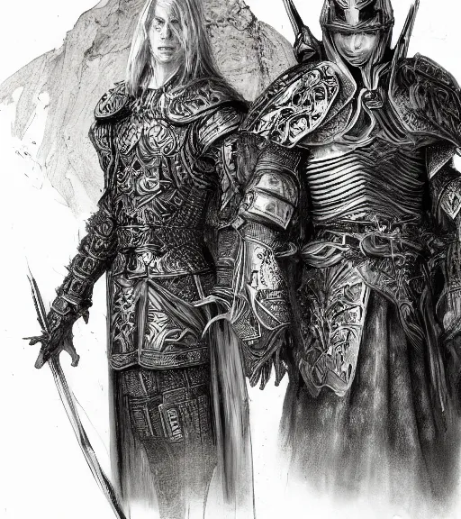 Prompt: portrait of long hair blond man in armor with another man with long blong hair tyed up with black robes, pen and ink, intricate line drawings, by craig mullins, ruan jia, kentaro miura, greg rutkowski, loundraw