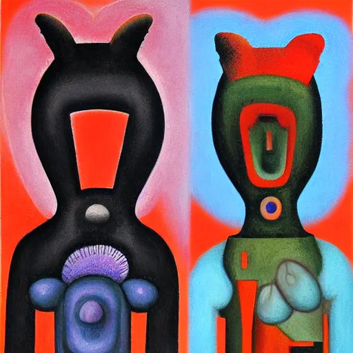 Image similar to Oil painting by Rufino Tamayo. Mechanical gods with animal faces kissing. Oil painting by Lisa Yuskavage.