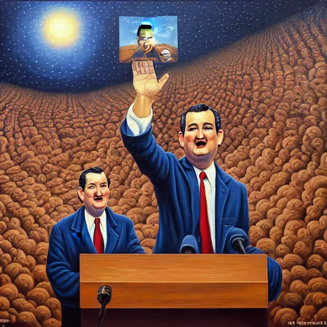 Prompt: an oil on canvas portrait painting of ted cruz doing a speech at the republican convention, surrealism, surrealist, cosmic horror, rob gonsalves, high detail